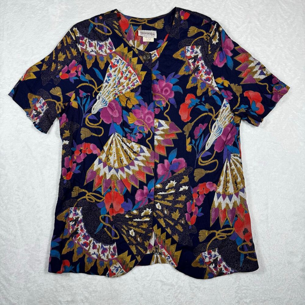 Vintage Sharon Anthony Japanese Fan Button Front Short Sleeve Blouse Womens 20WP
